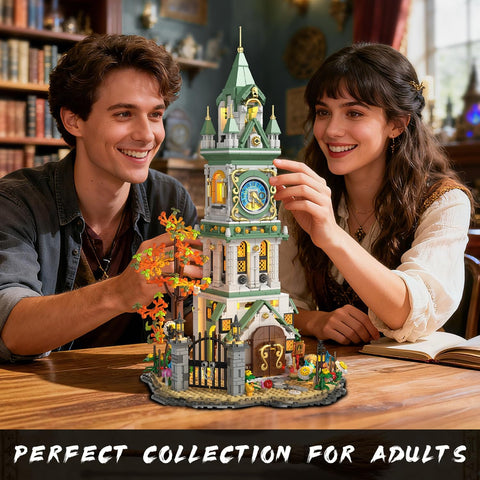 Epic Clock Tower Building Set With Light 1566 Pieces Mega Medieval Castle Kit shown assembled with two adults enjoying it