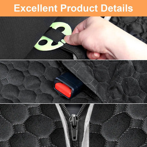 Close-up of Back Seat Dog Car Seat Cover Hammock For Cars 2026 with 600D material, safety belt buckle, and zipper details.