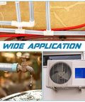 Eight Three Foot Pipe Insulation Foam Tubes With Self Adhesive Foam Wrap Includes A Roll Aluminum Foil Tape And 25 Cable Ties in use on pipes, spigot, and air conditioning unit showcasing wide application.
