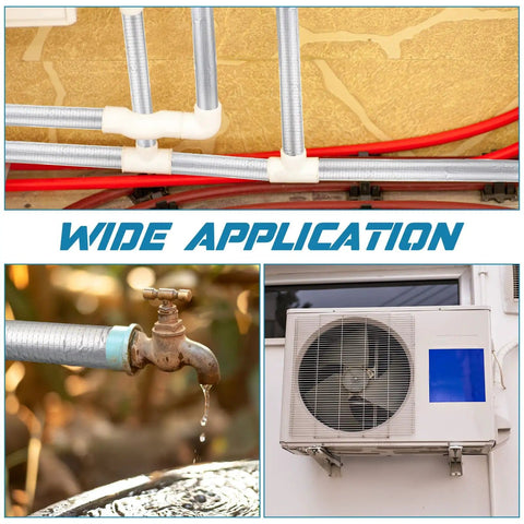 Eight Three Foot Pipe Insulation Foam Tubes With Self Adhesive Foam Wrap Includes A Roll Aluminum Foil Tape And 25 Cable Ties in use on pipes, spigot, and air conditioning unit showcasing wide application.