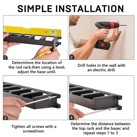 Installation steps for Vertical Fishing Rod Rack Wall Mounted 6 Rod Holder Storage Organizer for Garage Shed Carport and Outdoor Use.