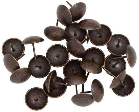 Top Shelf One Inch Upholstery Tacks With A Sleek Dark Antique Brass Finish Heavy Duty Nailhead Pins in a pile.