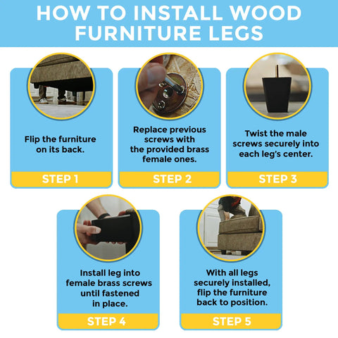 Installation guide for Espresso Wood Furniture Legs Set Of 4 5 Inch Square Screw In Replacement Feet for sofas and tables.