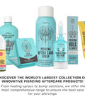 Piercing Aftercare Spray Isotonic Saline Cleanser For New And Existing Piercings 4 Oz Soothes Irritation Bumps And Keloids On Ears Nose Belly Button And Tattoos Wound Wash Gentle Hydration. Blue piercing aftercare product set with spray, drops, swabs, and cleaner