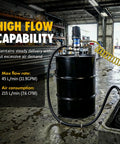 Heavy Duty Pneumatic Oil Pump Transfers 11.9 GPM Fast With Rust Resistant Stainless Steel And Icing Free Air Motor with black barrel.
