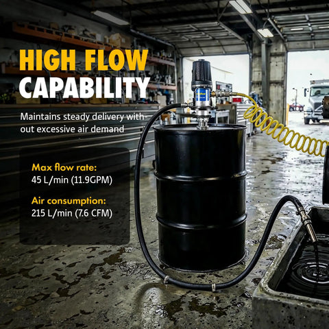 Heavy Duty Pneumatic Oil Pump Transfers 11.9 GPM Fast With Rust Resistant Stainless Steel And Icing Free Air Motor with black barrel.