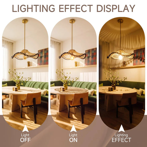 Hodevimall 19.6" Boho Rattan Pendant Light Fixture, Hand Woven Farmhouse Rustic Chandelier, lighting effect display in living space.