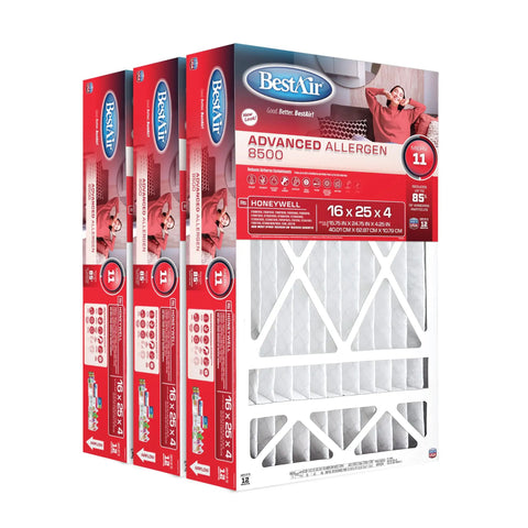 Three-pack of Furnace And HVAC Air Filter 16 By 25 By 4 Inches MERV 11 For Allergy Relief And Clean Air in packaging.