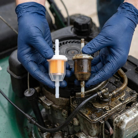 Mechanic demonstrating new vs old Fuel Filter 1/4 Inch And 5/16 Inch Two Pack Plug And Play Replacement For Lawn Mowers And Tractors.