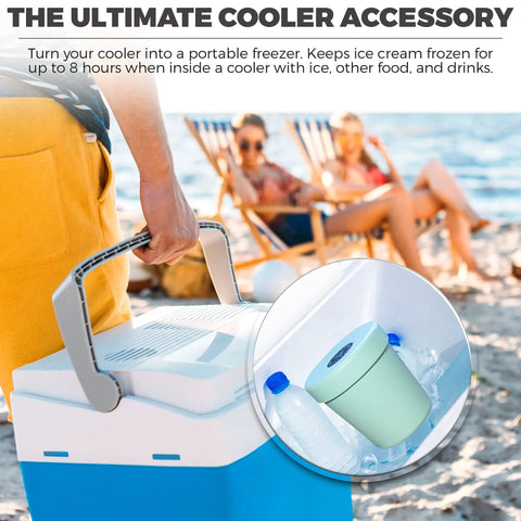 Vacuum Insulated Pint Container That Locks In The Frosty Vibe For Your Favorite Ice Cream Pints inside a cooler with ice.