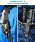 Magnetic Rechargeable LED Flashlight With Side COB Work Light Zoomable Tactical Beam 1000 Lumens USB Rechargeable Waterproof Pocket Size Light For Camping Emergencies And Power Outages attached to backpack and pocket.