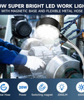 Ultra Bright 2000 Lumen LED Magnetic Work Light With 20 Inch Flexible Gooseneck illuminating metal machinery in workshop