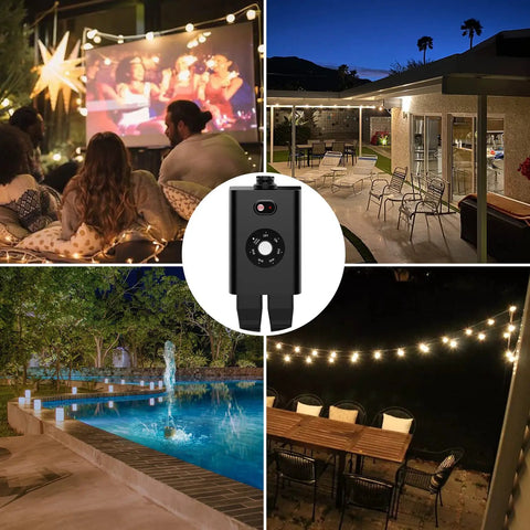 Rock Solid Dual Outlet Outdoor Timer Plug With Dope Slick Wireless Remote Control in outdoor setting with string lights and pool.
