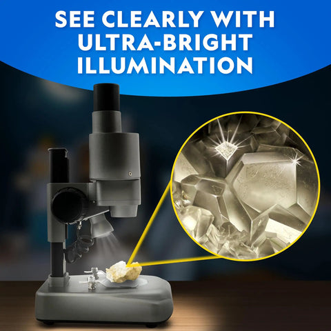 Dual LED Kids Microscope Set With 50 Plus Piece Science Kit showing ultra-bright illumination on crystal structure