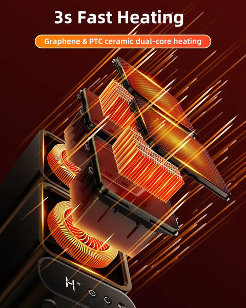 Graphene & PTC ceramic dual-core heating element of Dual Head Space Heater With Remote For Fast Cozy Heat Portable Indoor Electric Heater With Thermostat 270 Degree Oscillation 12 Hour Timer Five Modes 1400W PTC Ceramic Heating For Office Desk Bedroom And Living Spaces.