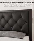 Close-up of button tufted faux leather headboard for Quick Setup Full Size Metal Bed Frame With Faux Leather Tufted Headboard Rock Solid Heavy Duty Platform Sleep Base 12 Inch Underbed Storage Steel Slat Support No Box Spring Hassle Noise Free Black.