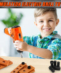 Child playing with Realistic Kids Electric Drill Set For Ages 3 And Up, Pretend Play Power Drill with wooden boards and screws.