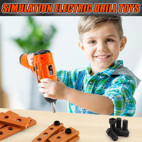 Child playing with Realistic Kids Electric Drill Set For Ages 3 And Up, Pretend Play Power Drill with wooden boards and screws.