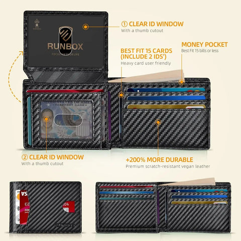 Slim RFID Leather Bifold Wallet for Men with 2 ID windows, quick access slots and 15 card capacity in carbon black, gift box included.