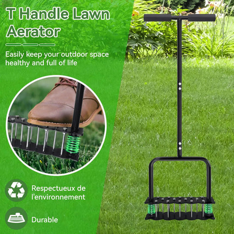 Heavy Duty Manual Lawn Aerator Tool With Fourteen Iron Spikes For Quick Soil Aeration In Your Yard And Garden, Time Saving Lawn Care Gear That Delivers Effortless, Consistent Aeration And Healthier Grass. Image showing T-handle design and foot pressing down on 14 iron spikes.