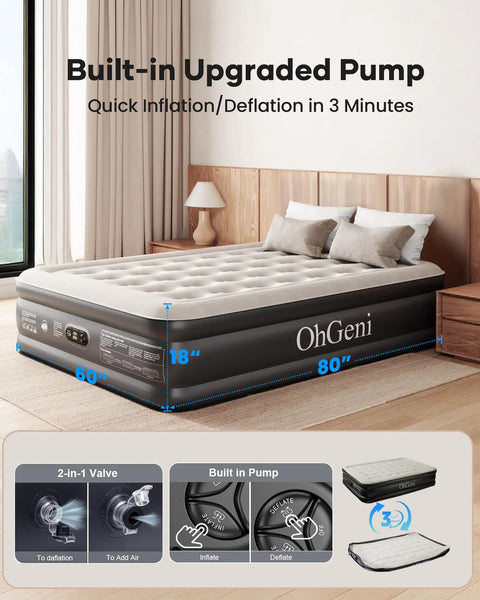 Queen Air Mattress With Built In Pump And 18 Inch Raised Design Inflatable Blow Up Bed For Home Or Camping in bedroom setting