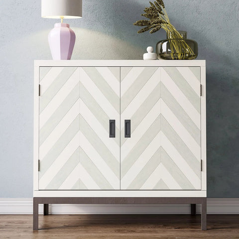 White cabinet with zigzag pattern and black sliding closet door pulls, displayed in a modern room setting.