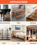 Various wood furniture applications showcased, including a piano, table, staircase, shelf, bed, and wardrobe for Easy Peasy Wood Furniture Repair Kit.