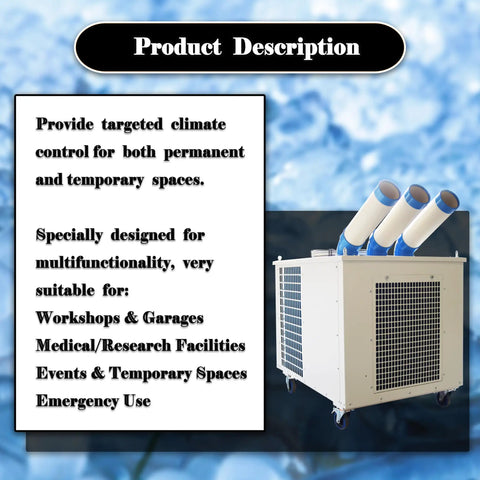 Hardcore 220V Industrial Air Conditioner Packing 29800 BTU For Shop And Site Cooling with three exhaust hoses and wheels.