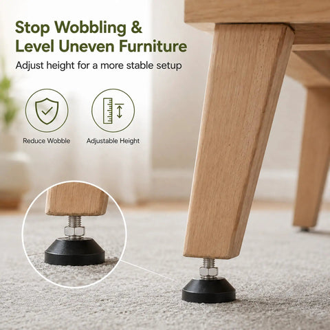Premium Adjustable Leveling Feet For Uneven Floors 4 Pack M8 X 1.25 Cabinet Legs on wooden table leg, stabilizing uneven furniture.