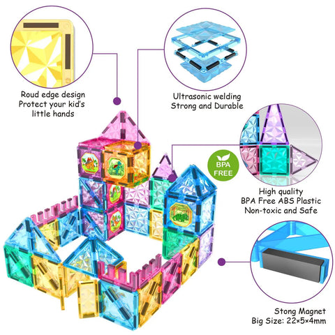 Magnetic Tiles Building Blocks Set For Kids 110 Pieces STEM Construction Toy with BPA-free ABS material and round edge design.