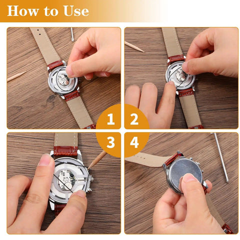 Steps for using 180 Pcs Watch Gasket O Ring Kit With 18 Sizes Waterproof Rubber Seals for wristwatch case repair.