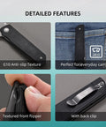 Detailed features of Chop 3.15 Inch Folding Pocket Knife with 14C28N Steel Blade and G10 Handle, including pocket clip and non-slip texture.