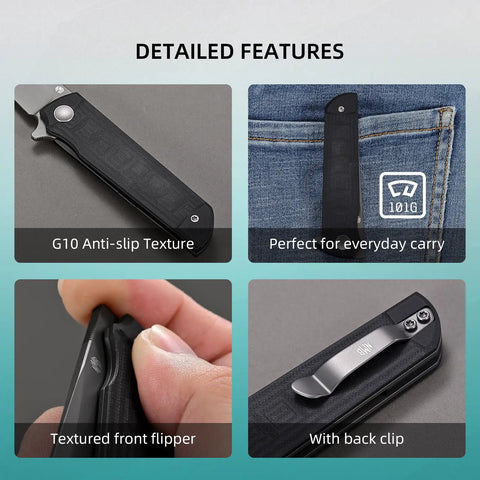 Detailed features of Chop 3.15 Inch Folding Pocket Knife with 14C28N Steel Blade and G10 Handle, including pocket clip and non-slip texture.