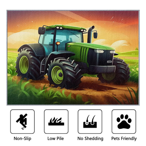 Construction Vehicle Rug 5x6 Foot Non Slip Low Pile Area Rug Machine Washable For Living Room Bedroom Kitchen Durable Kid Friendly Carpet With Dope Colors And Exquisite Pattern For Boys Rooms And Play Areas depicting tractor on green field
