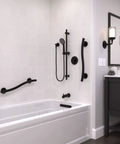 Black bathroom showing Wave Grab Bar 1.25 Inch Diameter 16 Inch Length Brushed Nickel 18 Gauge Stainless Steel Construction ADA Compliant