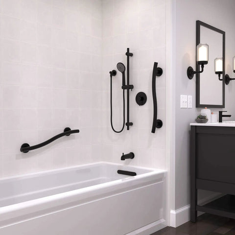 Black bathroom showing Wave Grab Bar 1.25 Inch Diameter 16 Inch Length Brushed Nickel 18 Gauge Stainless Steel Construction ADA Compliant