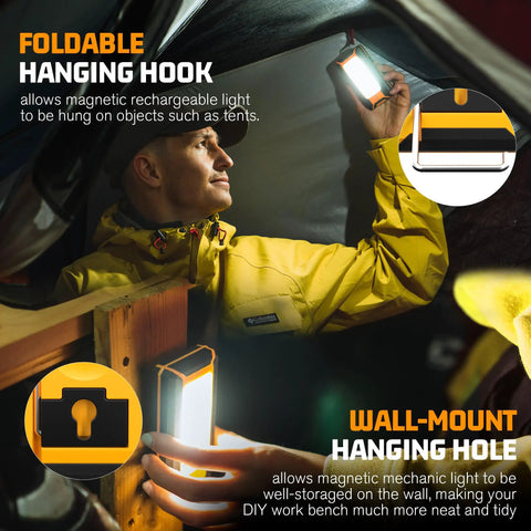 Person using Two Pack 40W 1600LM LED Work Lights Beefy Bright with foldable hanging hook on tent, magnetic flood for camping