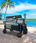 Beast Of A Heavy Duty Collapsible Wagon With Brakes For All Terrain Use, Handy Utility Cart For Shopping, Camping, Beach Or Garden, Big Storage, Side Bag And Cup Holders, Easy Fold, Blue on a beach