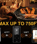 Wireless Bluetooth Meat Thermometer with Dual Ultra-Thin Probes for Spot-On Grilling showing range and app interface.
