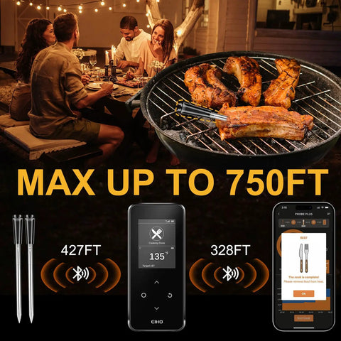 Wireless Bluetooth Meat Thermometer with Dual Ultra-Thin Probes for Spot-On Grilling showing range and app interface.