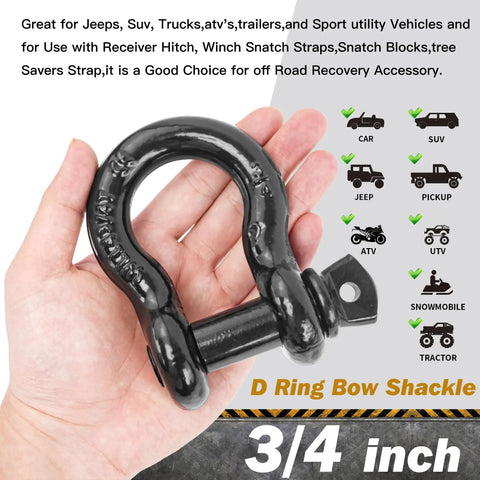 Beefy Heavy Duty 3/4 Inch D Ring Shackle With 7/8 Inch Screw Pin 44,000 Lbs Break Strength Ideal For Tow Straps And Recovery Fits Jeep SUV Pickup Trailer ATV UTV Black Finish, black steel D-ring shackle in hand