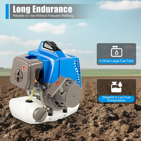 Gas Powered Wheel Mounted Post Hole Digger With 2.2kW 63cc Two Stroke Engine on soil, highlighting fuel efficiency features.