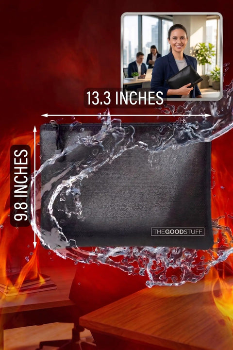 Everyday Carry Ready Fireproof Money And Document Bag 10 By 13 Inches Waterproof Zipper Safe For Passports Valuables And Important Papers Protects From Fire And Water At Home Office Or Travel, shown with fire and water graphics and size dimensions.