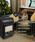 Indoor Outdoor Propane Heater 6000 To 18000 BTU with child sitting indoors, tree in background.