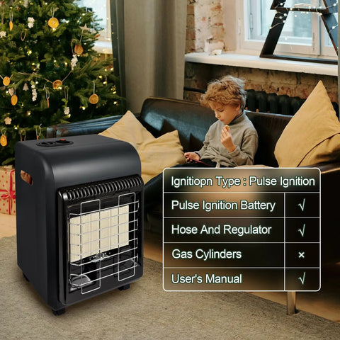 Indoor Outdoor Propane Heater 6000 To 18000 BTU with child sitting indoors, tree in background.