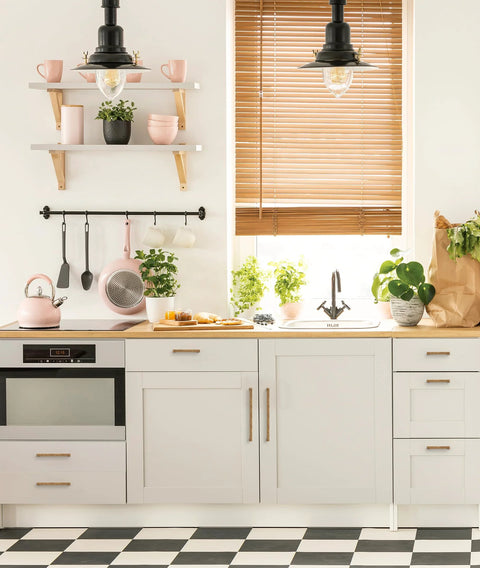 Modern kitchen featuring 10 pack solid 5 inch square cabinet handles antique brass pulls for kitchen cabinets and drawers, durable hardware.