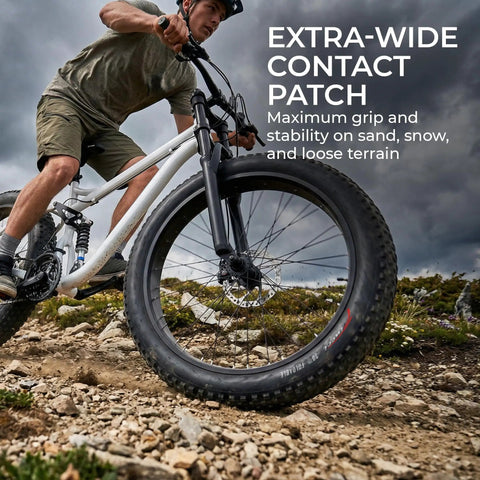 Pair Of 26 X 4.0 Fat Mountain Bike Tires Foldable 100559 Anti Puncture 3mm Nylon Antipuncture With Kevlar Bead For All Terrain Grippy Traction On Sand Snow Dirt Standard 26 Inch Fat Rims on rocky trail