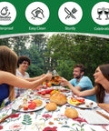 People enjoying a meal on a No Fuss All In One Picnic Table Cover Set With Bench Covers And Carry Bag For Outdoor Camping Waterproof 72x30 Inch Table Cover And 12x72 Inch Bench Covers Fits 6 Foot Rectangular Tables And Seats with a floral design.