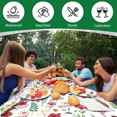 People enjoying a meal on a No Fuss All In One Picnic Table Cover Set With Bench Covers And Carry Bag For Outdoor Camping Waterproof 72x30 Inch Table Cover And 12x72 Inch Bench Covers Fits 6 Foot Rectangular Tables And Seats with a floral design.
