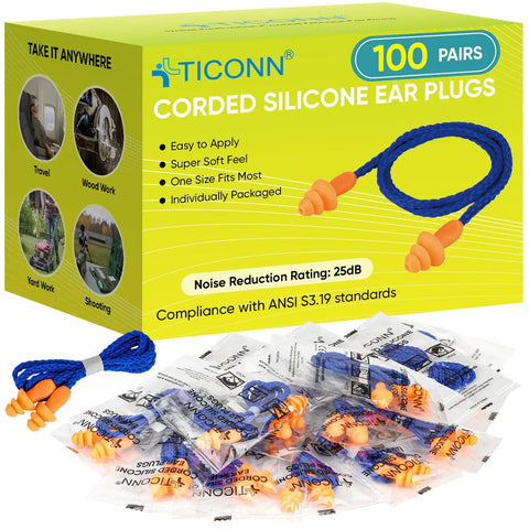 Reusable Silicone Ear Plugs For Sleep And Travel, Comfortable All Day Fit, 25dB NRR Noise Blocking, Individually Wrapped Corded 100 Pairs box and scattered plugs